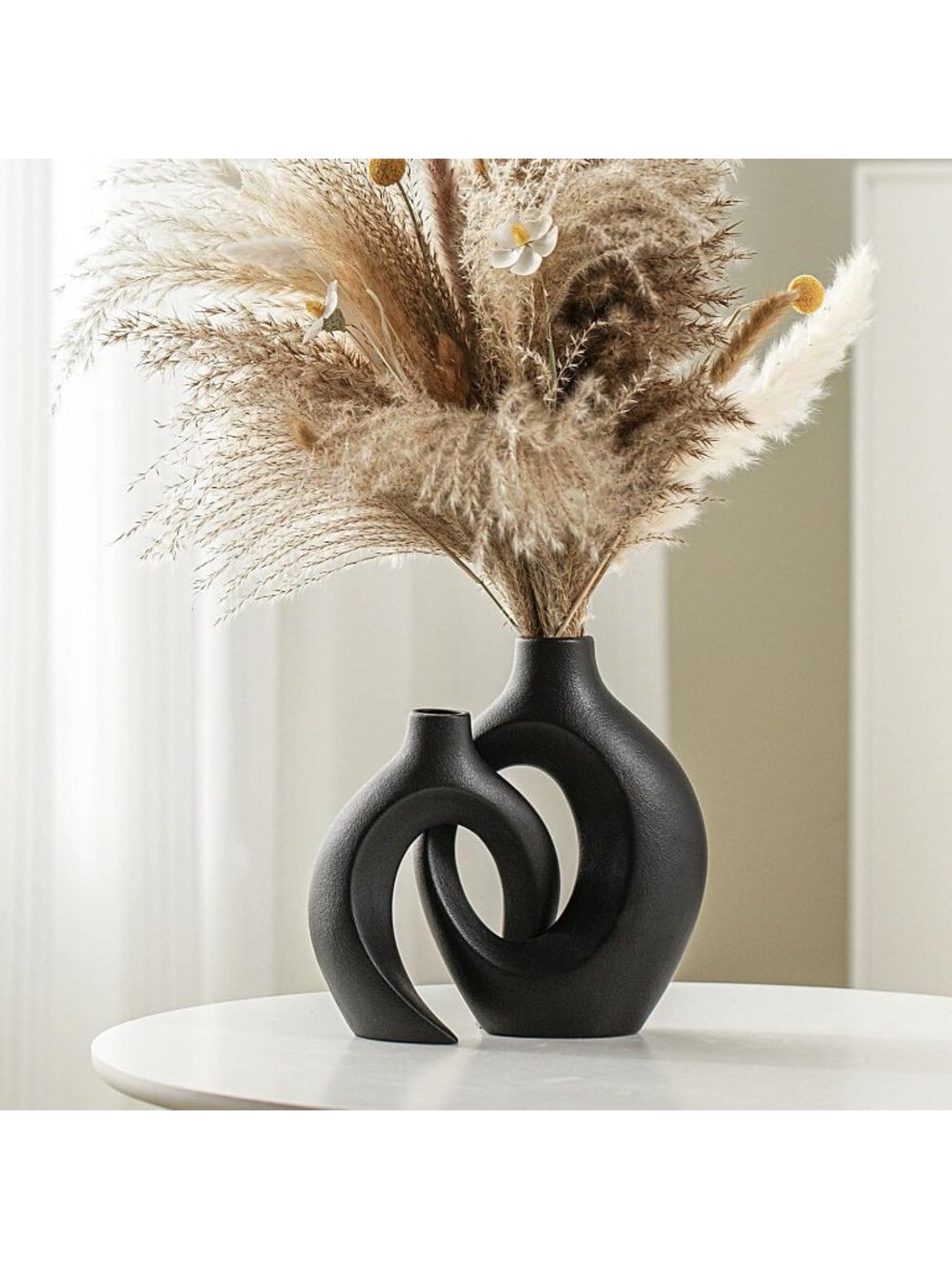 Matte Black 6.3 Hollow Ceramic Vase Set Of 2 Boho Tabletop Living Room Home Dec